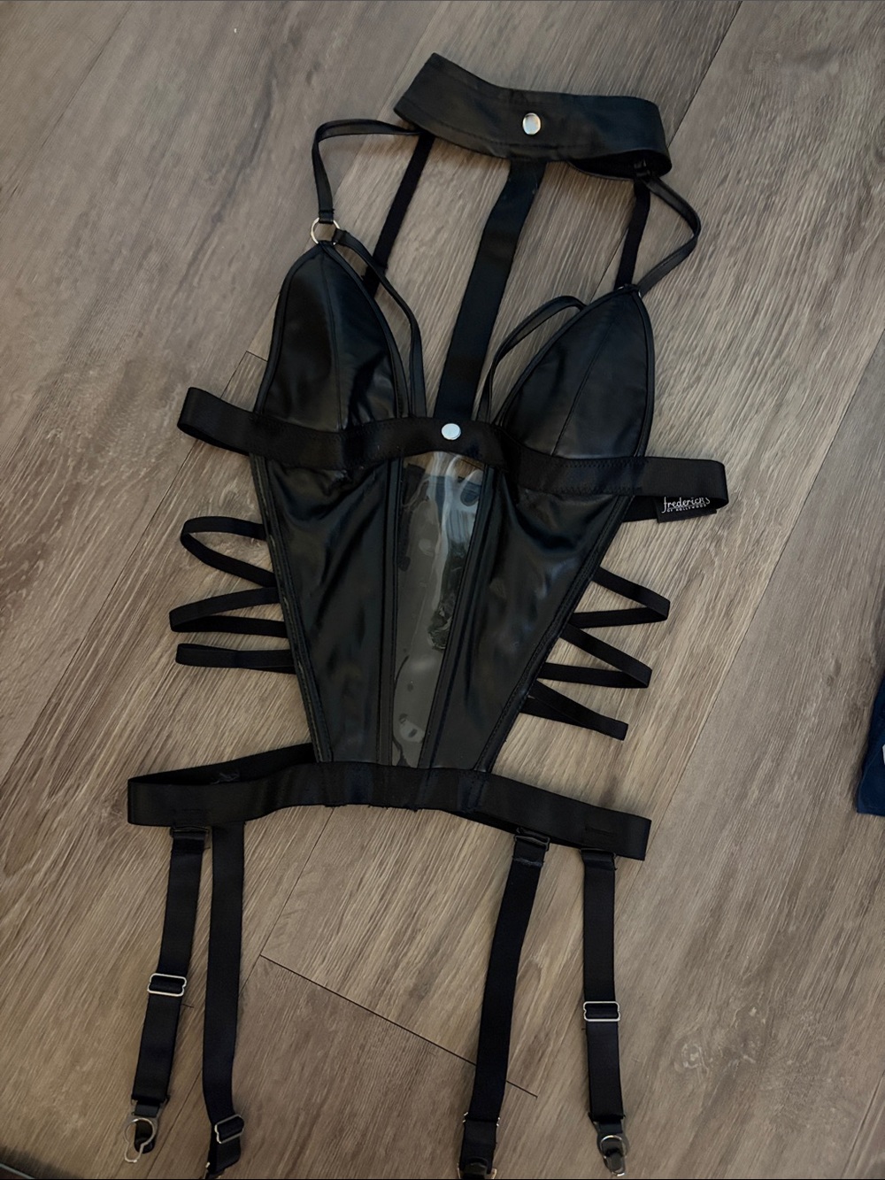 Frederick's of Hollywood Faux Leather Strappy Bodysuit with Garter Belt